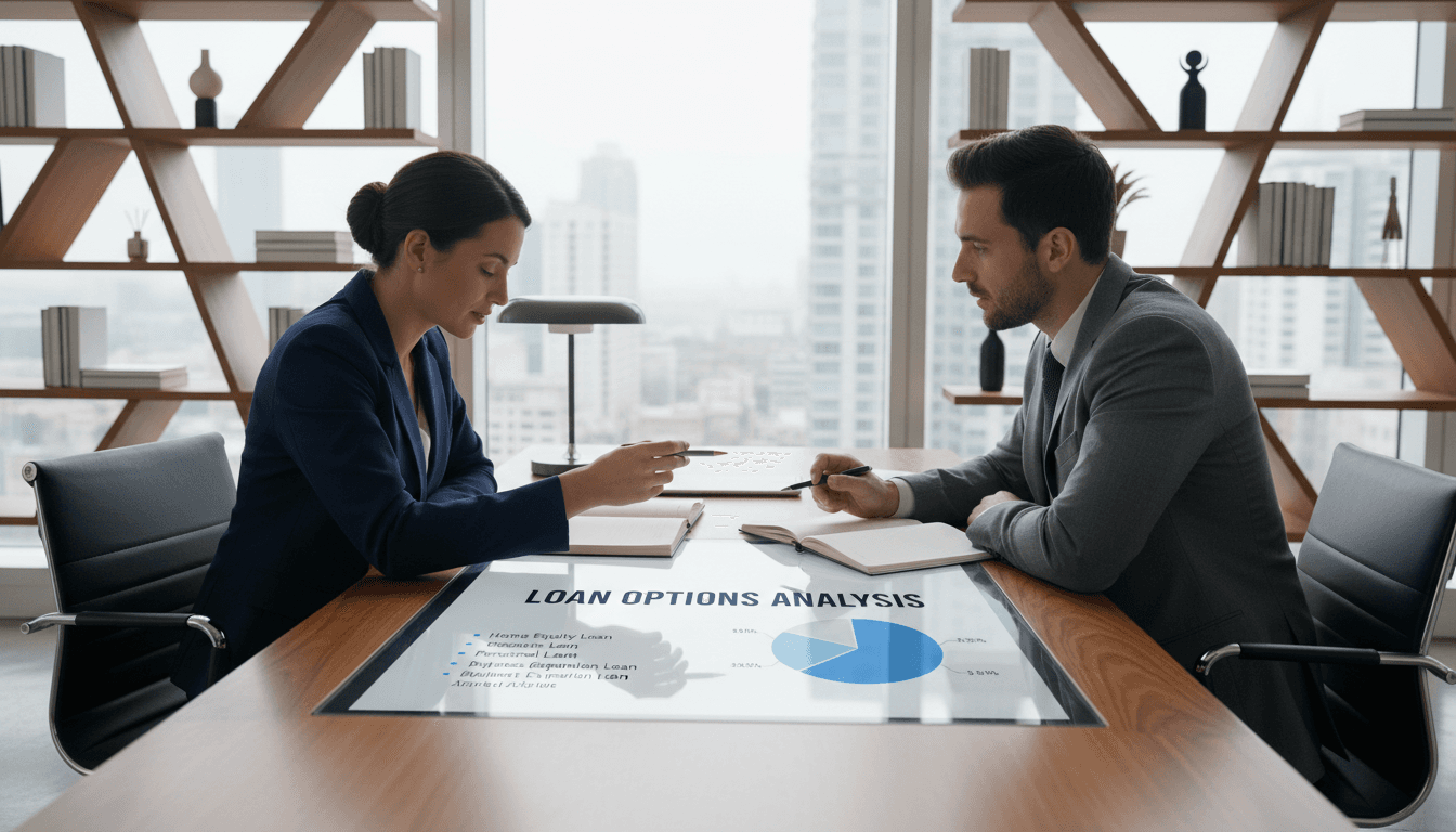 Professional financial advisor discussing loan options with client at modern office desk