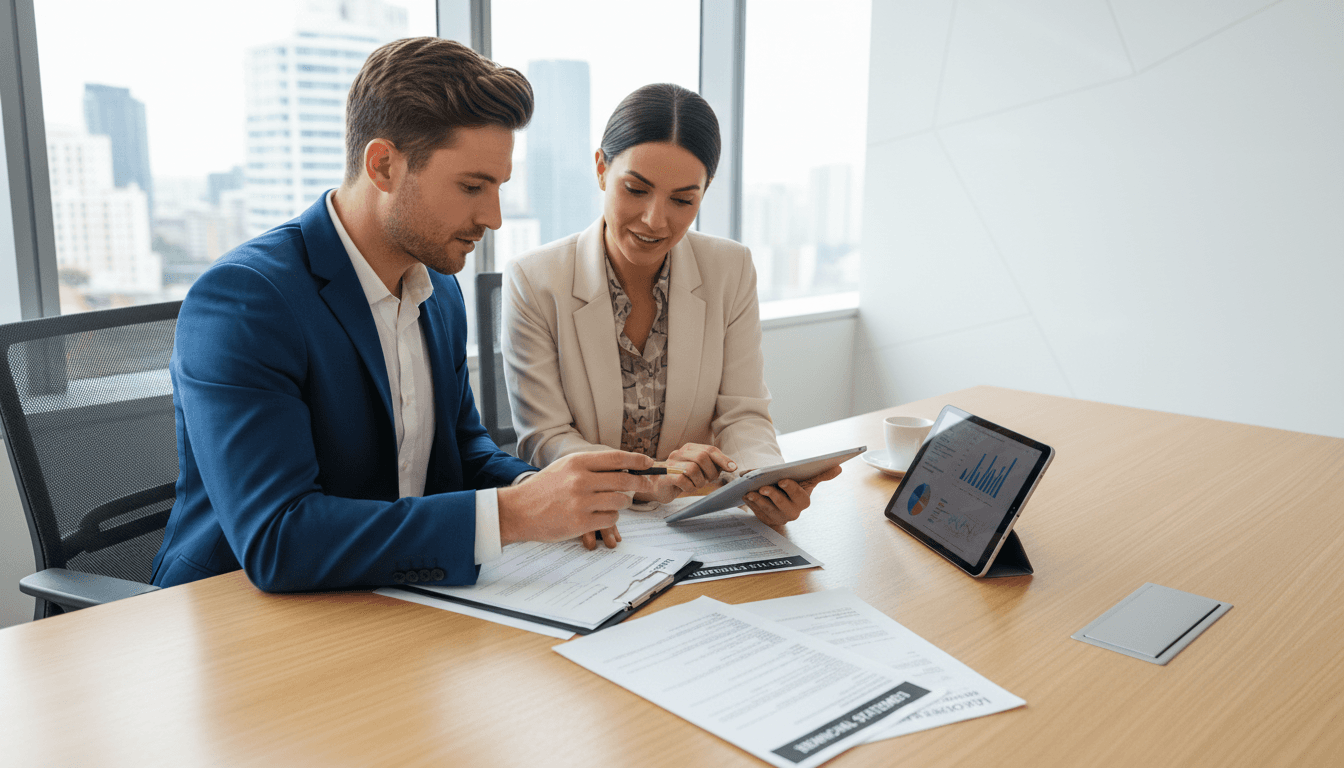 Professional reviewing loan documents at desk